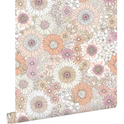 papier peint fleurs rétro beige et rose - ESTAhome (1/5)