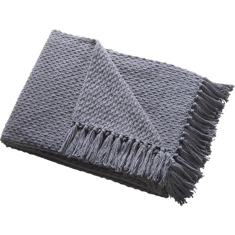 Couverture Plaid Charbon avec Pompon (200 x 200 cm) - Coton Recyclé Durable - Tissée/Texturée pour Canapé - Grise Extra Large (1/5)
