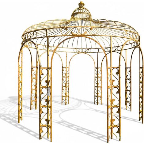 Gloriette Elena en fer rouille 337x337x351cm – Dôme décoratif avec volutes et motifs floraux – Espace de vie à ciel ouvert – La Grande Prairie