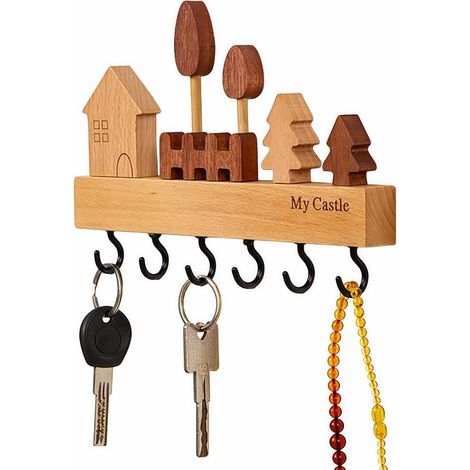 Porte-clés mural – Étagère à clés – Porte-clés – Organiseur en bois avec plusieurs crochets – 6 crochets pour clés – Étagère à plusieurs niveaux – Rangement mural pour chambre/couloir – 23,5 x 13,5 cm (1/5)