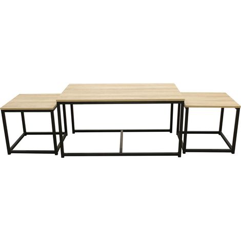 Altobuy – Lot de 3 tables basses gigognes – Structure en panneaux de particules aspect bois – Piétement en fer noir – Dimensions grande table 90x50xH45cm (1/5)