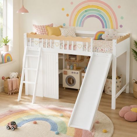 Litera alta infantil con tobogán, armario y estante bajo la cama (231.5x205x136 cm), pino, MDF y contrachapado, blanco y natural (1/5)