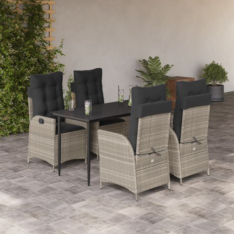 5-tlg. Garten-Essgruppe mit Kissen Hellgrau Poly Rattan