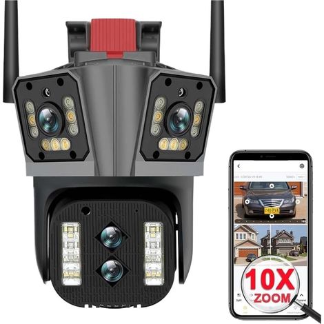 Caméra de sécurité à Domicile Caméra de sécurité 16MP 8K, 4 objectifs, Zoom 10X, 3 écrans, PTZ, Audio bidirectionnel, Suivi Automatique, Couleur, Vision Nocturne(8K Camera 128G Card) (1/5)