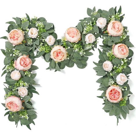 Künstliche Blumengirlande 2 Stück, Rosa Pfingstrosen & Rosen, Eukalyptus, Champagnerrosa (1/5)