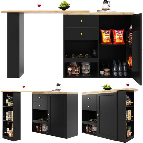 îlot de Cuisine,Table de bar,Rotatif à 360°,Avec 2 tiroirs et 3 étagères pivotantes ouvertes,105 x 39 x 102 cm,MDF qualité,Noir