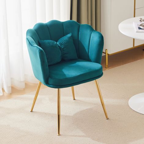 Chaise en velours vert, chaise capitonnée avec dossier en pétales, pieds en métal plaqué or et coussin papillon