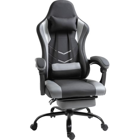 Fauteuil de bureau ergonomique gamer, chaise pivotante réglable en hauteur avec coussin lombaire ajustable et repose-pieds, noir, 62 x 52 x 128 cm (1/5)