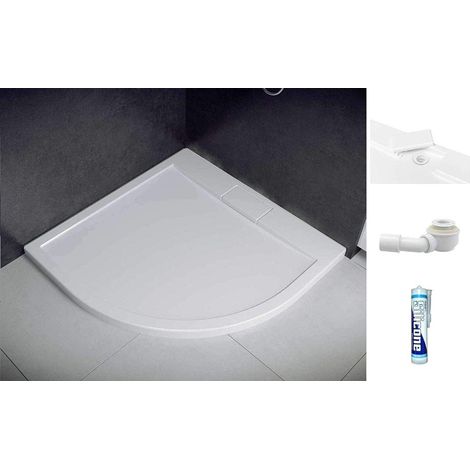 ECOLAM Receveur de Douche Plat Semi-Circulaire Axim 90x90 x Hauteur 4,5 cm Profondeur 2,5 cm Acrylique Blanc + Siphon + Silicone Pose au Sol Possible (1/5)