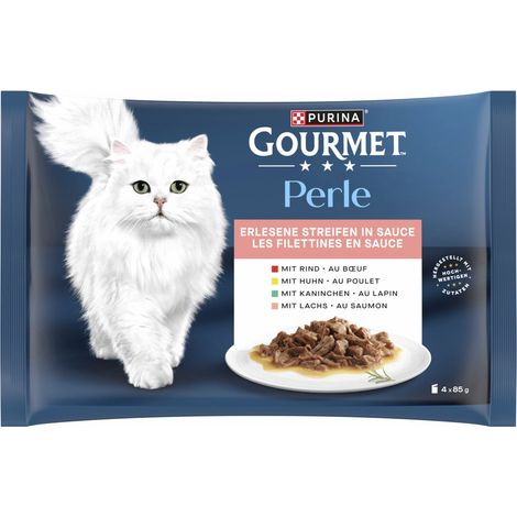 Gourmet Perle Erlesene Streifen mit Rind Kaninchen Lachs Huhn 4x 85g Nassfutter Katze (1/3)