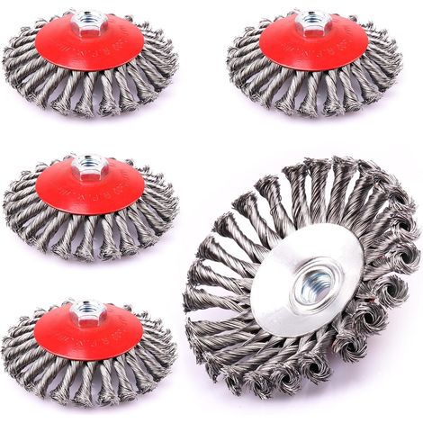 Pack de 5 cepillos cónicos para amoladoras angulares - Diámetro: 125 mm - Rosca M14 x 2 - Fabricados en alambre de acero HSS ondulado - Para pintura, soldaduras de óxido, oxidación - Limpieza y elimin (1/5)