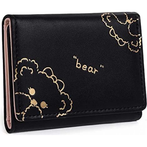Portefeuille AVEKI Kawaii pour filles, porte-cartes ours mignon, organisateur en cuir végétalien, portefeuille à trois volets pour femmes, couverture ours noir (1/5)