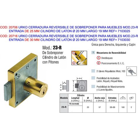 Urko Serratura a sovrapposizione 23R Ingresso 30 Cilindro 19 Mobili Reversibili 7103030