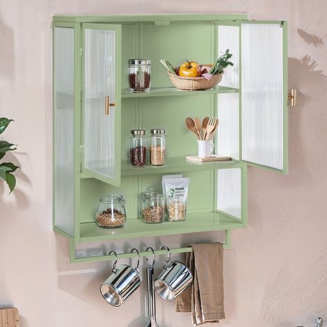 Armoire murale à double porte vitrée avec 2 niveaux de rangement, étagères ouvertes et porte-serviettes, pour salle de bain, salle à manger, vert