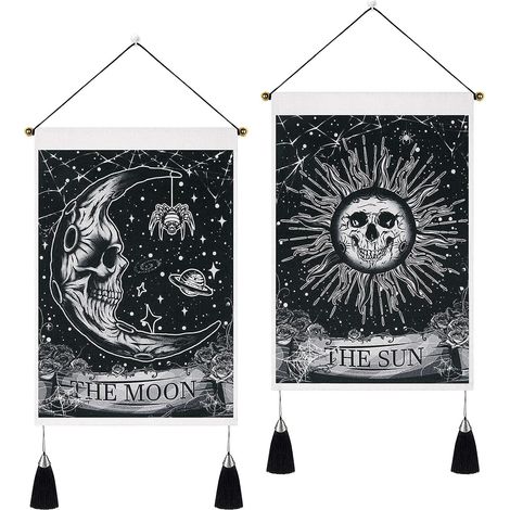 Lot de 2 35 x 50 cm petites tentures murales avec pompons,motif squelette gothique,Halloween et lune Tapisserie murale pour chambre à coucher,salon (1/4)