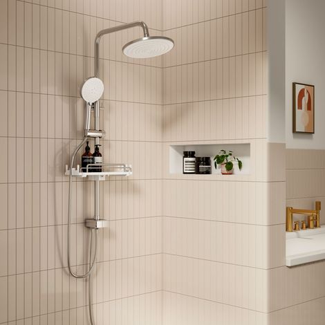 S’AFIELINA Duschsäule ohne Armaturen Duschsystem mit 3 Strahlarten Handbrause und Kopfbrause Versenkbares Regal Höhenverstellbar (1/5)