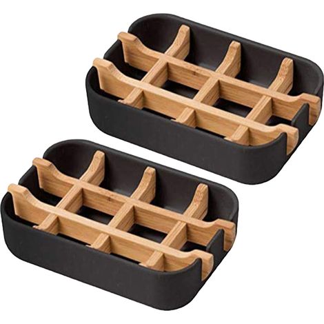 Porte-savon, 2 porte-savons en bois et 2 sacs à savon en sisal, bois de bambou naturel avec bac égouttoir en fibre de bambou, porte-savon pour douche, salle de bain, cuisine (1/5)
