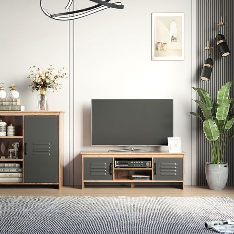Mobile porta TV HOMCOM per televisori da 42" con 2 vani chiusi con ante in metallo e 2 ripiani a giorno, mobile moderno per soggiorno, tavolino porta TV, 109x35x38 cm, legno naturale e grigio (1/5)