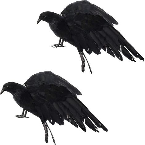 2 faux corbeaux noirs à plumes ailes déployées, 25 x 40 cm, décoration d'Halloween et accessoire de spectacle (1/5)