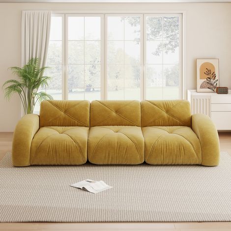 Canapé sans cadre modulaire 3 places extra-large jaune tissu chenille. Confortable antidérapant sans assemblage pour salon.