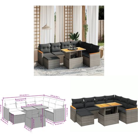 Salon de jardin 8 pcs avec coussins gris résine tressée - Ensemble Salon De Jardin - Mobilier Extérieur - Résine Tressée - Rotin Synthétique - Table Extensible - Home & Living (1/3)