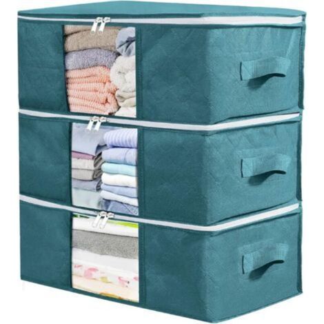 3 Pack (Blue) Clothes Storage Bag, Under Bed Clothes Storage Box, Fabric Clothing Finishing, for Storing Duvets, Clothes, Bedding, Waterproof, 48 x 35 x 20 cm (1/5)