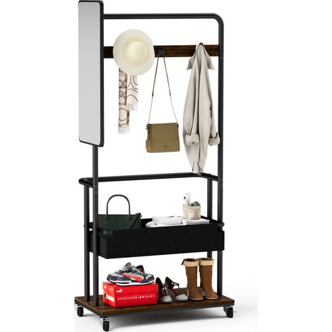 Rangement gain de place avec cette penderie mobile 3-en-1, miroir latéral, panier en tissu et étagère à chaussures (1/5)