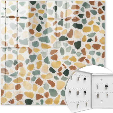 Armoire à clés - (30 cm x 30 cm) - Boîte à clés murale - Coffret de rangement pour clés - Couleur blanche - Ouverture vers la gauche - Pour maison et bureau - Mosaïque de galets (1/5)