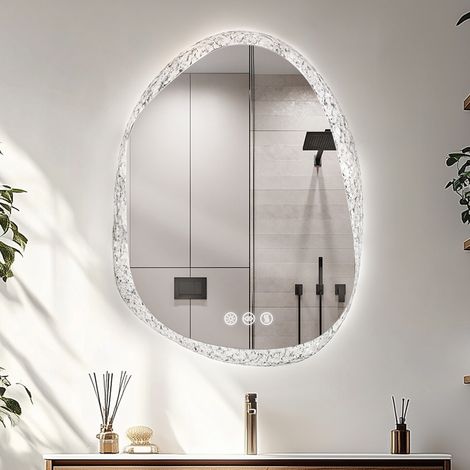 Luvodi – Miroir lumineux salle de bain 70x50cm – Forme irrégulière avec cadre transparent – Éclairage LED 3 couleurs – Interrupteur tactile anti-buée (1/5)