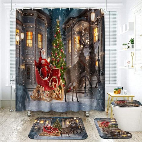Kit Salle De Bains Noel - Rideau De Douche Et Tapis - Motif Flocon De Neige Bonhomme De Neige - 4 Pièces (1/5)