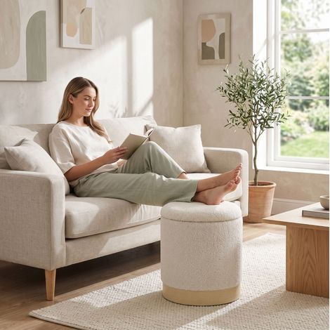 Pouf de rangement rond 38x38x45 cm en tissu peluche crème, gain de place pour salon FloraGrace (1/5)