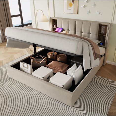 Bett Doppelbett Stauraum 140x200 Leinen Natur OKMYHOME (1/5)