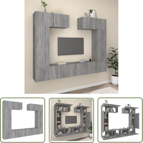 The Living Store 6-tlg. TV-Schrank-Set Grau Sonoma Holzwerkstoff - TV-Schrank - Holzwerkstoff Möbel - Wohnzimmer Dekoration - Wandmontage - Graue Möbel (1/5)