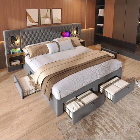 Cama matrimonio tapizada con almacenaje gris 180x200 DESVIAE (1/5)