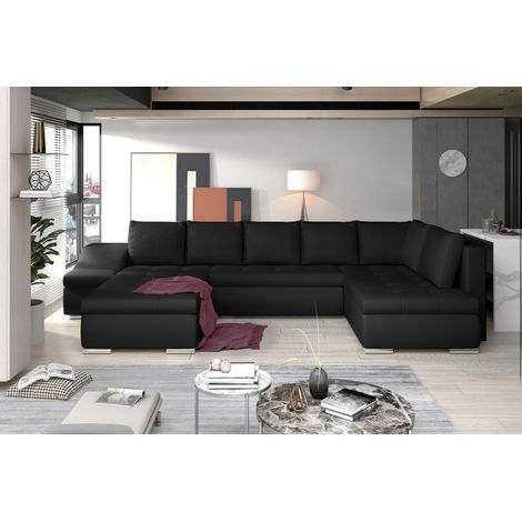 Canapé panoramique GYOVANI noir angle gauche convertible couchage 140x294cm