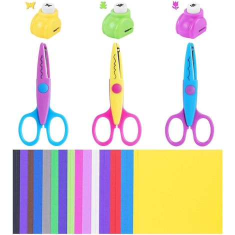 Ciseaux de bricolage & perforatrice Set avec 30 feuilles de papier cartonné pour DIY & Scrapbooking