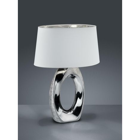 Große Tischlampe TABA Keramik Silber mit E27 Stoffschirm Weiß, Höhe 52cm