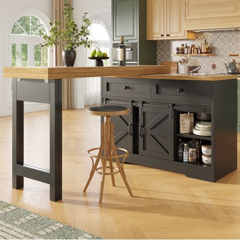 Isola da cucina con tavolo allungabile 120-197 cm, pannello girevole 360°, nero DESVIAE (1/5)