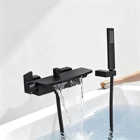 Schwarze, thermostatische Wasserfall-Badewannenarmatur mit Handbrause und Messing-Mischbatterie, Wandmontage, mit Warm- und Kaltwasserdusche (1/5)