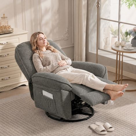 Poltrona relax girevole con funzione dondolo e reclinabile, tessuto chenille, grigio chiaro (1/5)