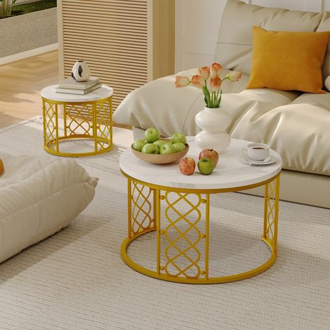 Tavolino da salotto impilabile 2 pezzi, piano effetto marmo MDF, struttura in metallo nero e bianco OKMYHOME (1/5)