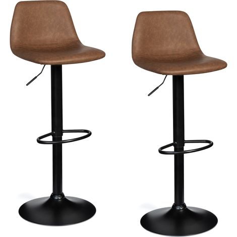 Idmarket – Lot de 2 tabourets de bar ajustables marron vintage – Hauteur 82-102 cm – Pied en métal noir – Confort optimal pour table haute