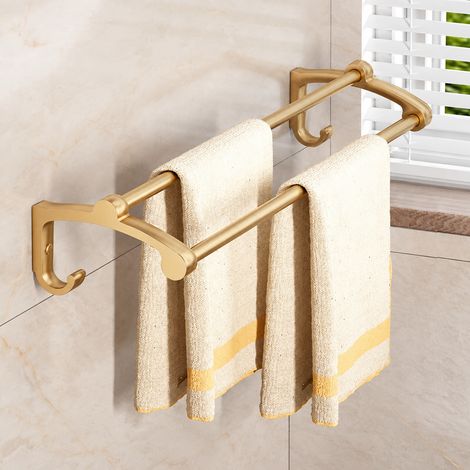 Porte-serviettes mural double barre dorée sans perçage pour salle de bain, support mural de serviettes et linge de bain en aluminium anodisé doré – Livraison gratuite (1/4)