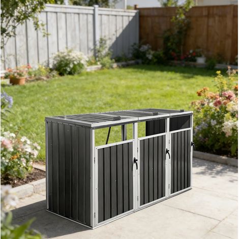 Cobertizo para cubos de basura para 3 cubos gris en metal con puertas con cierre y diseño resistente a la intemperie (1/5)