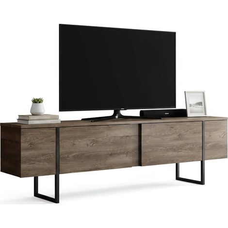 Dmora - Meuble TV Centaurus, Buffet de salon, Armoire basse pour TV, Base murale de rangement, 180x30h50 cm, Noyer et Noir, avec emballage renforcé