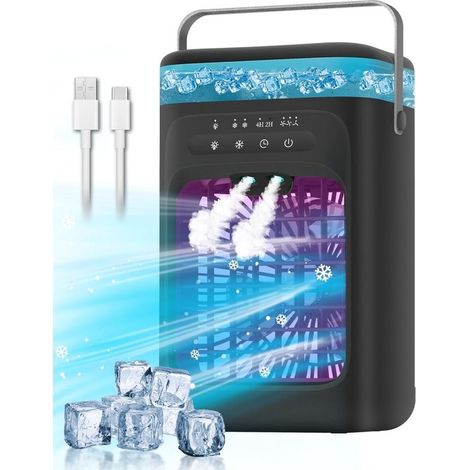 Mini raffrescatore d'aria portatile, 3 velocità della ventola, 2 modalità di nebulizzazione, oscillazione a 120°, luce a 7 colori, timer (2-4 ore), ideale per camera da letto, ufficio e campeggio (ner (1/5)
