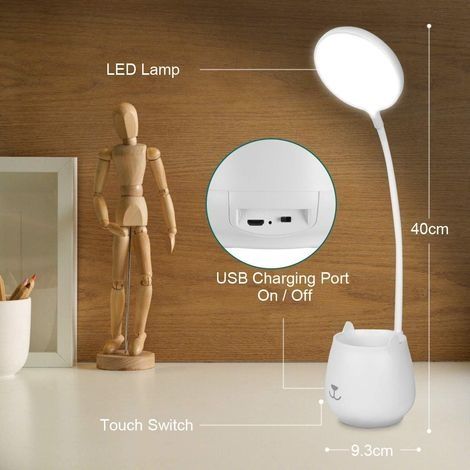 Schreibtischlampe mit Stifthalter, dimmbare LED-Schreibtischlampe mit Touch-Steuerung, 3 Beleuchtungsmodi und 24 LEDs, augenschonende, kabellose, per USB aufladbare Kinder-Nachttischlampe zum Lernen u (1/4)
