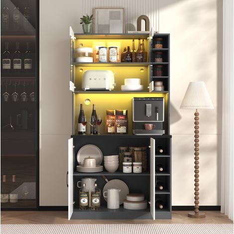 MEUBLIV buffet 100x47x187 cm blanc/gris – LED, rangement micro-ondes (1/5)