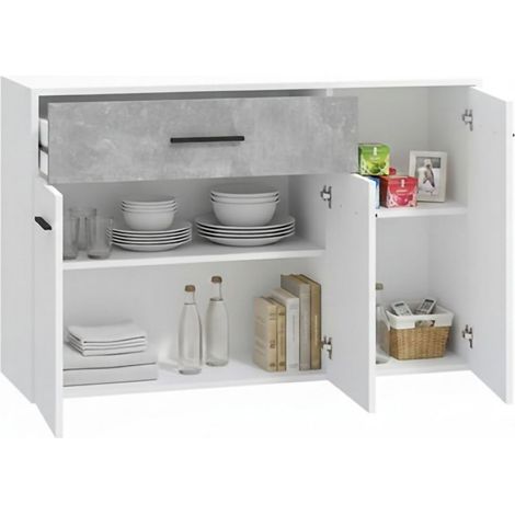 Credenza Sanza, Madia un Cassetto, 2 Ripiani, Apertura Battente e Scorrevole, 119x33x80.5h cm Bianco