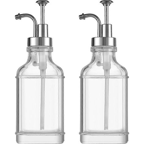 Distributeur de liquide en verre transparent de 500 ml pour sirop de café, savon et autres liquides, avec pompe et lot de 2 pièces. (1/5)